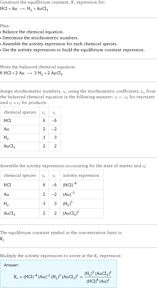 Construct the equilibrium constant, K, expression for: HCl + Au ⟶ H_2 + AuCl_3 Plan: • Balance the chemical equation. • Determine the stoichiometric numbers. • Assemble the activity expression for each chemical species. • Use the activity expressions to build the equilibrium constant expression. Write the balanced chemical equation: 6 HCl + 2 Au ⟶ 3 H_2 + 2 AuCl_3 Assign stoichiometric numbers, ν_i, using the stoichiometric coefficients, c_i, from the balanced chemical equation in the following manner: ν_i = -c_i for reactants and ν_i = c_i for products: chemical species | c_i | ν_i HCl | 6 | -6 Au | 2 | -2 H_2 | 3 | 3 AuCl_3 | 2 | 2 Assemble the activity expressions accounting for the state of matter and ν_i: chemical species | c_i | ν_i | activity expression HCl | 6 | -6 | ([HCl])^(-6) Au | 2 | -2 | ([Au])^(-2) H_2 | 3 | 3 | ([H2])^3 AuCl_3 | 2 | 2 | ([AuCl3])^2 The equilibrium constant symbol in the concentration basis is: K_c Mulitply the activity expressions to arrive at the K_c expression: Answer: |   | K_c = ([HCl])^(-6) ([Au])^(-2) ([H2])^3 ([AuCl3])^2 = (([H2])^3 ([AuCl3])^2)/(([HCl])^6 ([Au])^2)