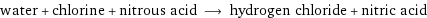 water + chlorine + nitrous acid ⟶ hydrogen chloride + nitric acid