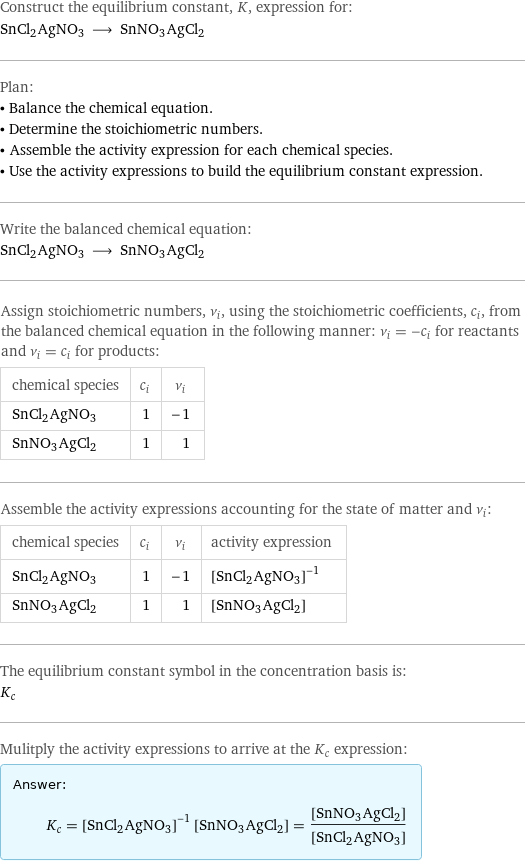 Construct the equilibrium constant, K, expression for: SnCl2AgNO3 ⟶ SnNO3AgCl2 Plan: • Balance the chemical equation. • Determine the stoichiometric numbers. • Assemble the activity expression for each chemical species. • Use the activity expressions to build the equilibrium constant expression. Write the balanced chemical equation: SnCl2AgNO3 ⟶ SnNO3AgCl2 Assign stoichiometric numbers, ν_i, using the stoichiometric coefficients, c_i, from the balanced chemical equation in the following manner: ν_i = -c_i for reactants and ν_i = c_i for products: chemical species | c_i | ν_i SnCl2AgNO3 | 1 | -1 SnNO3AgCl2 | 1 | 1 Assemble the activity expressions accounting for the state of matter and ν_i: chemical species | c_i | ν_i | activity expression SnCl2AgNO3 | 1 | -1 | ([SnCl2AgNO3])^(-1) SnNO3AgCl2 | 1 | 1 | [SnNO3AgCl2] The equilibrium constant symbol in the concentration basis is: K_c Mulitply the activity expressions to arrive at the K_c expression: Answer: |   | K_c = ([SnCl2AgNO3])^(-1) [SnNO3AgCl2] = ([SnNO3AgCl2])/([SnCl2AgNO3])