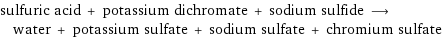sulfuric acid + potassium dichromate + sodium sulfide ⟶ water + potassium sulfate + sodium sulfate + chromium sulfate