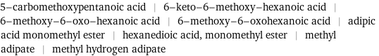 5-carbomethoxypentanoic acid | 6-keto-6-methoxy-hexanoic acid | 6-methoxy-6-oxo-hexanoic acid | 6-methoxy-6-oxohexanoic acid | adipic acid monomethyl ester | hexanedioic acid, monomethyl ester | methyl adipate | methyl hydrogen adipate