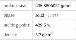 molar mass | 235.8806031 g/mol phase | solid (at STP) melting point | 429.5 °C density | 3.7 g/cm^3