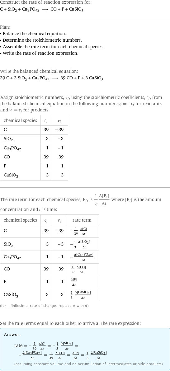 Construct the rate of reaction expression for: C + SiO_2 + Ca3PO42 ⟶ CO + P + CaSiO_3 Plan: • Balance the chemical equation. • Determine the stoichiometric numbers. • Assemble the rate term for each chemical species. • Write the rate of reaction expression. Write the balanced chemical equation: 39 C + 3 SiO_2 + Ca3PO42 ⟶ 39 CO + P + 3 CaSiO_3 Assign stoichiometric numbers, ν_i, using the stoichiometric coefficients, c_i, from the balanced chemical equation in the following manner: ν_i = -c_i for reactants and ν_i = c_i for products: chemical species | c_i | ν_i C | 39 | -39 SiO_2 | 3 | -3 Ca3PO42 | 1 | -1 CO | 39 | 39 P | 1 | 1 CaSiO_3 | 3 | 3 The rate term for each chemical species, B_i, is 1/ν_i(Δ[B_i])/(Δt) where [B_i] is the amount concentration and t is time: chemical species | c_i | ν_i | rate term C | 39 | -39 | -1/39 (Δ[C])/(Δt) SiO_2 | 3 | -3 | -1/3 (Δ[SiO2])/(Δt) Ca3PO42 | 1 | -1 | -(Δ[Ca3PO42])/(Δt) CO | 39 | 39 | 1/39 (Δ[CO])/(Δt) P | 1 | 1 | (Δ[P])/(Δt) CaSiO_3 | 3 | 3 | 1/3 (Δ[CaSiO3])/(Δt) (for infinitesimal rate of change, replace Δ with d) Set the rate terms equal to each other to arrive at the rate expression: Answer: |   | rate = -1/39 (Δ[C])/(Δt) = -1/3 (Δ[SiO2])/(Δt) = -(Δ[Ca3PO42])/(Δt) = 1/39 (Δ[CO])/(Δt) = (Δ[P])/(Δt) = 1/3 (Δ[CaSiO3])/(Δt) (assuming constant volume and no accumulation of intermediates or side products)