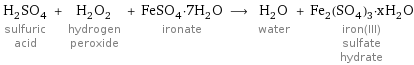 H_2SO_4 sulfuric acid + H_2O_2 hydrogen peroxide + FeSO_4·7H_2O ironate ⟶ H_2O water + Fe_2(SO_4)_3·xH_2O iron(III) sulfate hydrate