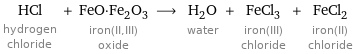 HCl hydrogen chloride + FeO·Fe_2O_3 iron(II, III) oxide ⟶ H_2O water + FeCl_3 iron(III) chloride + FeCl_2 iron(II) chloride