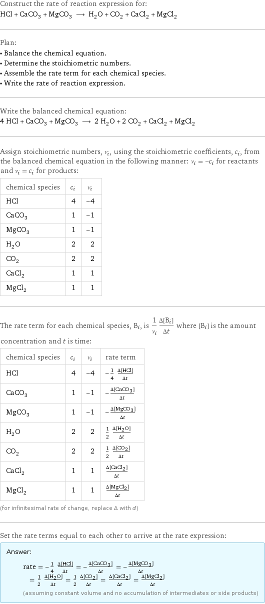 Construct the rate of reaction expression for: HCl + CaCO_3 + MgCO_3 ⟶ H_2O + CO_2 + CaCl_2 + MgCl_2 Plan: • Balance the chemical equation. • Determine the stoichiometric numbers. • Assemble the rate term for each chemical species. • Write the rate of reaction expression. Write the balanced chemical equation: 4 HCl + CaCO_3 + MgCO_3 ⟶ 2 H_2O + 2 CO_2 + CaCl_2 + MgCl_2 Assign stoichiometric numbers, ν_i, using the stoichiometric coefficients, c_i, from the balanced chemical equation in the following manner: ν_i = -c_i for reactants and ν_i = c_i for products: chemical species | c_i | ν_i HCl | 4 | -4 CaCO_3 | 1 | -1 MgCO_3 | 1 | -1 H_2O | 2 | 2 CO_2 | 2 | 2 CaCl_2 | 1 | 1 MgCl_2 | 1 | 1 The rate term for each chemical species, B_i, is 1/ν_i(Δ[B_i])/(Δt) where [B_i] is the amount concentration and t is time: chemical species | c_i | ν_i | rate term HCl | 4 | -4 | -1/4 (Δ[HCl])/(Δt) CaCO_3 | 1 | -1 | -(Δ[CaCO3])/(Δt) MgCO_3 | 1 | -1 | -(Δ[MgCO3])/(Δt) H_2O | 2 | 2 | 1/2 (Δ[H2O])/(Δt) CO_2 | 2 | 2 | 1/2 (Δ[CO2])/(Δt) CaCl_2 | 1 | 1 | (Δ[CaCl2])/(Δt) MgCl_2 | 1 | 1 | (Δ[MgCl2])/(Δt) (for infinitesimal rate of change, replace Δ with d) Set the rate terms equal to each other to arrive at the rate expression: Answer: |   | rate = -1/4 (Δ[HCl])/(Δt) = -(Δ[CaCO3])/(Δt) = -(Δ[MgCO3])/(Δt) = 1/2 (Δ[H2O])/(Δt) = 1/2 (Δ[CO2])/(Δt) = (Δ[CaCl2])/(Δt) = (Δ[MgCl2])/(Δt) (assuming constant volume and no accumulation of intermediates or side products)