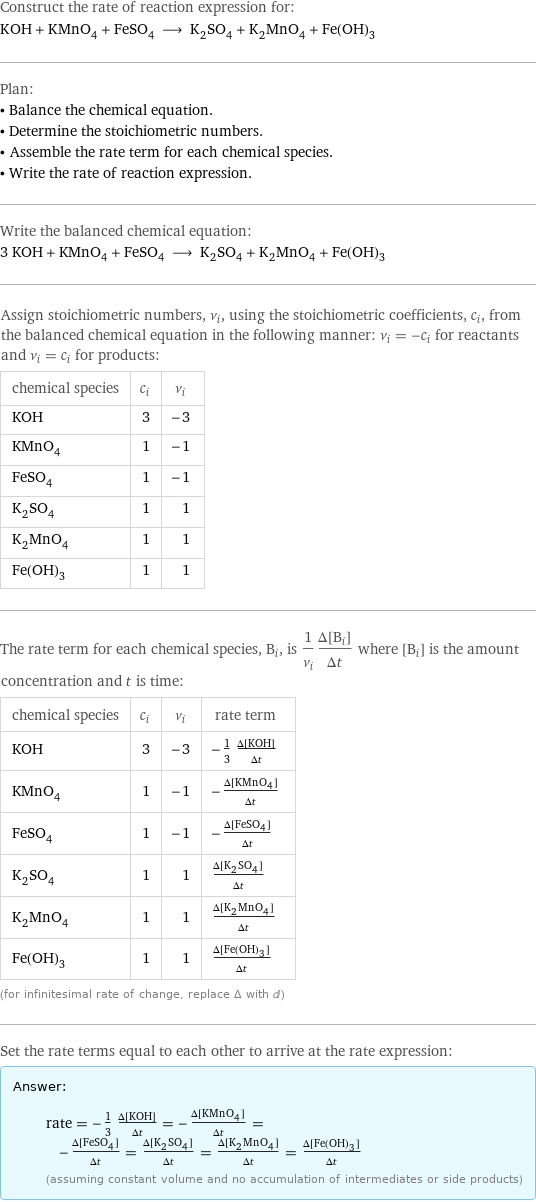 Construct the rate of reaction expression for: KOH + KMnO_4 + FeSO_4 ⟶ K_2SO_4 + K_2MnO_4 + Fe(OH)_3 Plan: • Balance the chemical equation. • Determine the stoichiometric numbers. • Assemble the rate term for each chemical species. • Write the rate of reaction expression. Write the balanced chemical equation: 3 KOH + KMnO_4 + FeSO_4 ⟶ K_2SO_4 + K_2MnO_4 + Fe(OH)_3 Assign stoichiometric numbers, ν_i, using the stoichiometric coefficients, c_i, from the balanced chemical equation in the following manner: ν_i = -c_i for reactants and ν_i = c_i for products: chemical species | c_i | ν_i KOH | 3 | -3 KMnO_4 | 1 | -1 FeSO_4 | 1 | -1 K_2SO_4 | 1 | 1 K_2MnO_4 | 1 | 1 Fe(OH)_3 | 1 | 1 The rate term for each chemical species, B_i, is 1/ν_i(Δ[B_i])/(Δt) where [B_i] is the amount concentration and t is time: chemical species | c_i | ν_i | rate term KOH | 3 | -3 | -1/3 (Δ[KOH])/(Δt) KMnO_4 | 1 | -1 | -(Δ[KMnO4])/(Δt) FeSO_4 | 1 | -1 | -(Δ[FeSO4])/(Δt) K_2SO_4 | 1 | 1 | (Δ[K2SO4])/(Δt) K_2MnO_4 | 1 | 1 | (Δ[K2MnO4])/(Δt) Fe(OH)_3 | 1 | 1 | (Δ[Fe(OH)3])/(Δt) (for infinitesimal rate of change, replace Δ with d) Set the rate terms equal to each other to arrive at the rate expression: Answer: |   | rate = -1/3 (Δ[KOH])/(Δt) = -(Δ[KMnO4])/(Δt) = -(Δ[FeSO4])/(Δt) = (Δ[K2SO4])/(Δt) = (Δ[K2MnO4])/(Δt) = (Δ[Fe(OH)3])/(Δt) (assuming constant volume and no accumulation of intermediates or side products)