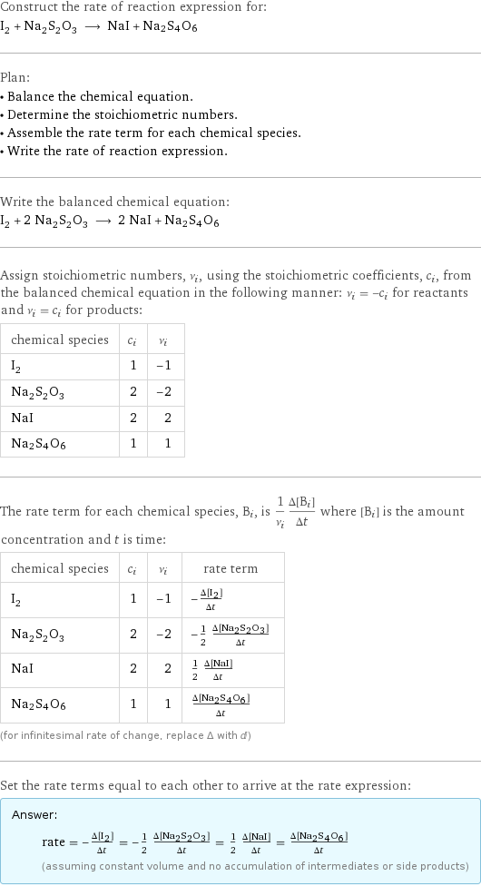 Construct the rate of reaction expression for: I_2 + Na_2S_2O_3 ⟶ NaI + Na2S4O6 Plan: • Balance the chemical equation. • Determine the stoichiometric numbers. • Assemble the rate term for each chemical species. • Write the rate of reaction expression. Write the balanced chemical equation: I_2 + 2 Na_2S_2O_3 ⟶ 2 NaI + Na2S4O6 Assign stoichiometric numbers, ν_i, using the stoichiometric coefficients, c_i, from the balanced chemical equation in the following manner: ν_i = -c_i for reactants and ν_i = c_i for products: chemical species | c_i | ν_i I_2 | 1 | -1 Na_2S_2O_3 | 2 | -2 NaI | 2 | 2 Na2S4O6 | 1 | 1 The rate term for each chemical species, B_i, is 1/ν_i(Δ[B_i])/(Δt) where [B_i] is the amount concentration and t is time: chemical species | c_i | ν_i | rate term I_2 | 1 | -1 | -(Δ[I2])/(Δt) Na_2S_2O_3 | 2 | -2 | -1/2 (Δ[Na2S2O3])/(Δt) NaI | 2 | 2 | 1/2 (Δ[NaI])/(Δt) Na2S4O6 | 1 | 1 | (Δ[Na2S4O6])/(Δt) (for infinitesimal rate of change, replace Δ with d) Set the rate terms equal to each other to arrive at the rate expression: Answer: |   | rate = -(Δ[I2])/(Δt) = -1/2 (Δ[Na2S2O3])/(Δt) = 1/2 (Δ[NaI])/(Δt) = (Δ[Na2S4O6])/(Δt) (assuming constant volume and no accumulation of intermediates or side products)