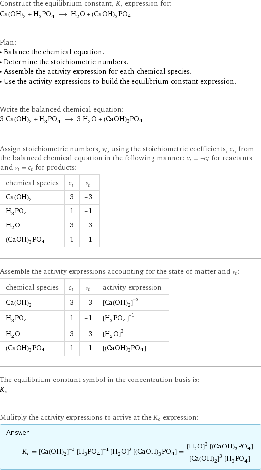 Construct the equilibrium constant, K, expression for: Ca(OH)_2 + H_3PO_4 ⟶ H_2O + (CaOH)3PO4 Plan: • Balance the chemical equation. • Determine the stoichiometric numbers. • Assemble the activity expression for each chemical species. • Use the activity expressions to build the equilibrium constant expression. Write the balanced chemical equation: 3 Ca(OH)_2 + H_3PO_4 ⟶ 3 H_2O + (CaOH)3PO4 Assign stoichiometric numbers, ν_i, using the stoichiometric coefficients, c_i, from the balanced chemical equation in the following manner: ν_i = -c_i for reactants and ν_i = c_i for products: chemical species | c_i | ν_i Ca(OH)_2 | 3 | -3 H_3PO_4 | 1 | -1 H_2O | 3 | 3 (CaOH)3PO4 | 1 | 1 Assemble the activity expressions accounting for the state of matter and ν_i: chemical species | c_i | ν_i | activity expression Ca(OH)_2 | 3 | -3 | ([Ca(OH)2])^(-3) H_3PO_4 | 1 | -1 | ([H3PO4])^(-1) H_2O | 3 | 3 | ([H2O])^3 (CaOH)3PO4 | 1 | 1 | [(CaOH)3PO4] The equilibrium constant symbol in the concentration basis is: K_c Mulitply the activity expressions to arrive at the K_c expression: Answer: |   | K_c = ([Ca(OH)2])^(-3) ([H3PO4])^(-1) ([H2O])^3 [(CaOH)3PO4] = (([H2O])^3 [(CaOH)3PO4])/(([Ca(OH)2])^3 [H3PO4])