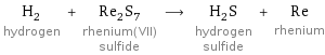 H_2 hydrogen + Re_2S_7 rhenium(VII) sulfide ⟶ H_2S hydrogen sulfide + Re rhenium