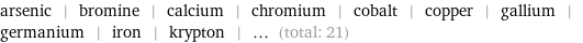 arsenic | bromine | calcium | chromium | cobalt | copper | gallium | germanium | iron | krypton | ... (total: 21)