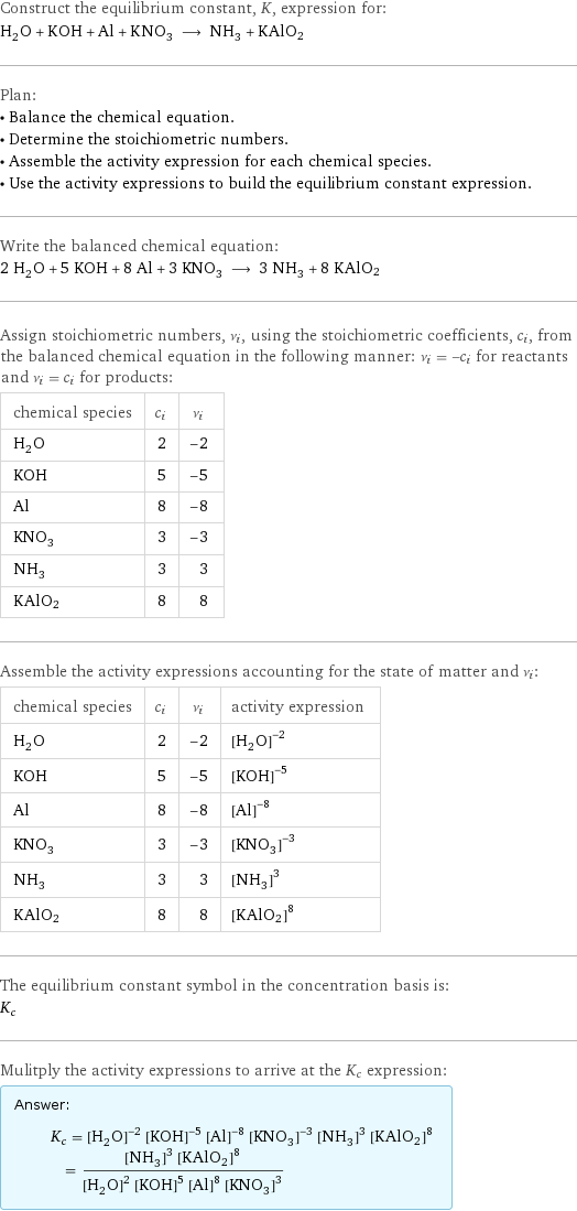 Construct the equilibrium constant, K, expression for: H_2O + KOH + Al + KNO_3 ⟶ NH_3 + KAlO2 Plan: • Balance the chemical equation. • Determine the stoichiometric numbers. • Assemble the activity expression for each chemical species. • Use the activity expressions to build the equilibrium constant expression. Write the balanced chemical equation: 2 H_2O + 5 KOH + 8 Al + 3 KNO_3 ⟶ 3 NH_3 + 8 KAlO2 Assign stoichiometric numbers, ν_i, using the stoichiometric coefficients, c_i, from the balanced chemical equation in the following manner: ν_i = -c_i for reactants and ν_i = c_i for products: chemical species | c_i | ν_i H_2O | 2 | -2 KOH | 5 | -5 Al | 8 | -8 KNO_3 | 3 | -3 NH_3 | 3 | 3 KAlO2 | 8 | 8 Assemble the activity expressions accounting for the state of matter and ν_i: chemical species | c_i | ν_i | activity expression H_2O | 2 | -2 | ([H2O])^(-2) KOH | 5 | -5 | ([KOH])^(-5) Al | 8 | -8 | ([Al])^(-8) KNO_3 | 3 | -3 | ([KNO3])^(-3) NH_3 | 3 | 3 | ([NH3])^3 KAlO2 | 8 | 8 | ([KAlO2])^8 The equilibrium constant symbol in the concentration basis is: K_c Mulitply the activity expressions to arrive at the K_c expression: Answer: |   | K_c = ([H2O])^(-2) ([KOH])^(-5) ([Al])^(-8) ([KNO3])^(-3) ([NH3])^3 ([KAlO2])^8 = (([NH3])^3 ([KAlO2])^8)/(([H2O])^2 ([KOH])^5 ([Al])^8 ([KNO3])^3)