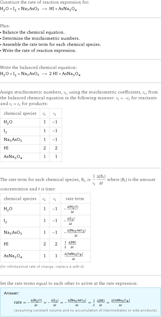 Construct the rate of reaction expression for: H_2O + I_2 + Na3AsO3 ⟶ HI + AsNa_3O_4 Plan: • Balance the chemical equation. • Determine the stoichiometric numbers. • Assemble the rate term for each chemical species. • Write the rate of reaction expression. Write the balanced chemical equation: H_2O + I_2 + Na3AsO3 ⟶ 2 HI + AsNa_3O_4 Assign stoichiometric numbers, ν_i, using the stoichiometric coefficients, c_i, from the balanced chemical equation in the following manner: ν_i = -c_i for reactants and ν_i = c_i for products: chemical species | c_i | ν_i H_2O | 1 | -1 I_2 | 1 | -1 Na3AsO3 | 1 | -1 HI | 2 | 2 AsNa_3O_4 | 1 | 1 The rate term for each chemical species, B_i, is 1/ν_i(Δ[B_i])/(Δt) where [B_i] is the amount concentration and t is time: chemical species | c_i | ν_i | rate term H_2O | 1 | -1 | -(Δ[H2O])/(Δt) I_2 | 1 | -1 | -(Δ[I2])/(Δt) Na3AsO3 | 1 | -1 | -(Δ[Na3AsO3])/(Δt) HI | 2 | 2 | 1/2 (Δ[HI])/(Δt) AsNa_3O_4 | 1 | 1 | (Δ[AsNa3O4])/(Δt) (for infinitesimal rate of change, replace Δ with d) Set the rate terms equal to each other to arrive at the rate expression: Answer: |   | rate = -(Δ[H2O])/(Δt) = -(Δ[I2])/(Δt) = -(Δ[Na3AsO3])/(Δt) = 1/2 (Δ[HI])/(Δt) = (Δ[AsNa3O4])/(Δt) (assuming constant volume and no accumulation of intermediates or side products)