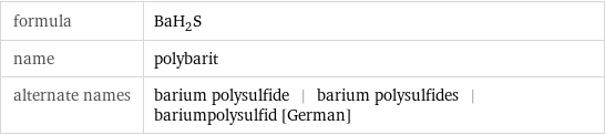 formula | BaH_2S name | polybarit alternate names | barium polysulfide | barium polysulfides | bariumpolysulfid [German]