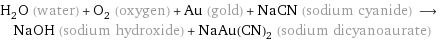 H_2O (water) + O_2 (oxygen) + Au (gold) + NaCN (sodium cyanide) ⟶ NaOH (sodium hydroxide) + NaAu(CN)_2 (sodium dicyanoaurate)