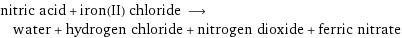 nitric acid + iron(II) chloride ⟶ water + hydrogen chloride + nitrogen dioxide + ferric nitrate