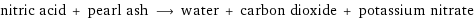 nitric acid + pearl ash ⟶ water + carbon dioxide + potassium nitrate