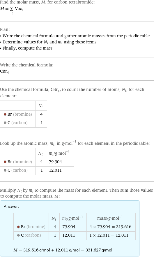 Find the molar mass, M, for carbon tetrabromide: M = sum _iN_im_i Plan: • Write the chemical formula and gather atomic masses from the periodic table. • Determine values for N_i and m_i using these items. • Finally, compute the mass. Write the chemical formula: CBr_4 Use the chemical formula, CBr_4, to count the number of atoms, N_i, for each element:  | N_i  Br (bromine) | 4  C (carbon) | 1 Look up the atomic mass, m_i, in g·mol^(-1) for each element in the periodic table:  | N_i | m_i/g·mol^(-1)  Br (bromine) | 4 | 79.904  C (carbon) | 1 | 12.011 Multiply N_i by m_i to compute the mass for each element. Then sum those values to compute the molar mass, M: Answer: |   | | N_i | m_i/g·mol^(-1) | mass/g·mol^(-1)  Br (bromine) | 4 | 79.904 | 4 × 79.904 = 319.616  C (carbon) | 1 | 12.011 | 1 × 12.011 = 12.011  M = 319.616 g/mol + 12.011 g/mol = 331.627 g/mol