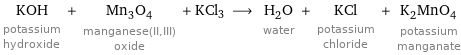 KOH potassium hydroxide + Mn_3O_4 manganese(II, III) oxide + KCl3 ⟶ H_2O water + KCl potassium chloride + K_2MnO_4 potassium manganate