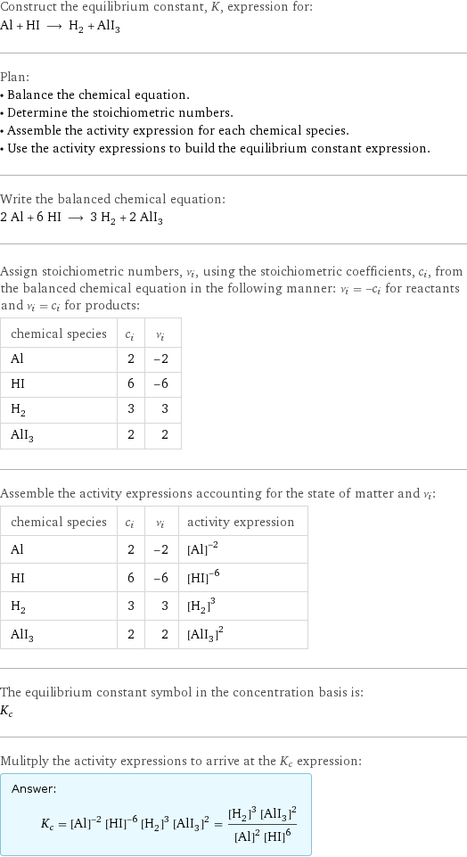 Construct the equilibrium constant, K, expression for: Al + HI ⟶ H_2 + AlI_3 Plan: • Balance the chemical equation. • Determine the stoichiometric numbers. • Assemble the activity expression for each chemical species. • Use the activity expressions to build the equilibrium constant expression. Write the balanced chemical equation: 2 Al + 6 HI ⟶ 3 H_2 + 2 AlI_3 Assign stoichiometric numbers, ν_i, using the stoichiometric coefficients, c_i, from the balanced chemical equation in the following manner: ν_i = -c_i for reactants and ν_i = c_i for products: chemical species | c_i | ν_i Al | 2 | -2 HI | 6 | -6 H_2 | 3 | 3 AlI_3 | 2 | 2 Assemble the activity expressions accounting for the state of matter and ν_i: chemical species | c_i | ν_i | activity expression Al | 2 | -2 | ([Al])^(-2) HI | 6 | -6 | ([HI])^(-6) H_2 | 3 | 3 | ([H2])^3 AlI_3 | 2 | 2 | ([AlI3])^2 The equilibrium constant symbol in the concentration basis is: K_c Mulitply the activity expressions to arrive at the K_c expression: Answer: |   | K_c = ([Al])^(-2) ([HI])^(-6) ([H2])^3 ([AlI3])^2 = (([H2])^3 ([AlI3])^2)/(([Al])^2 ([HI])^6)