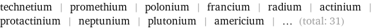 technetium | promethium | polonium | francium | radium | actinium | protactinium | neptunium | plutonium | americium | ... (total: 31)