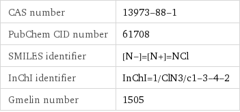 CAS number | 13973-88-1 PubChem CID number | 61708 SMILES identifier | [N-]=[N+]=NCl InChI identifier | InChI=1/ClN3/c1-3-4-2 Gmelin number | 1505