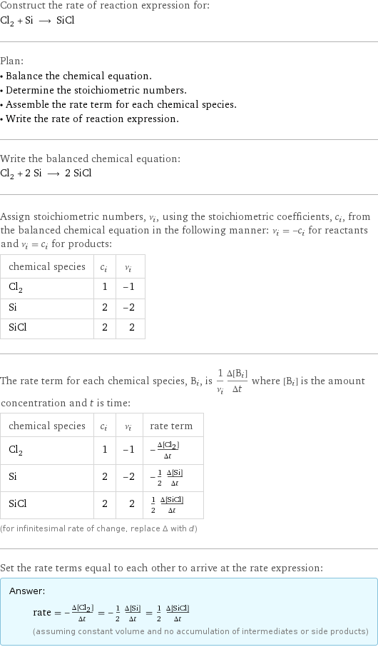 Construct the rate of reaction expression for: Cl_2 + Si ⟶ SiCl Plan: • Balance the chemical equation. • Determine the stoichiometric numbers. • Assemble the rate term for each chemical species. • Write the rate of reaction expression. Write the balanced chemical equation: Cl_2 + 2 Si ⟶ 2 SiCl Assign stoichiometric numbers, ν_i, using the stoichiometric coefficients, c_i, from the balanced chemical equation in the following manner: ν_i = -c_i for reactants and ν_i = c_i for products: chemical species | c_i | ν_i Cl_2 | 1 | -1 Si | 2 | -2 SiCl | 2 | 2 The rate term for each chemical species, B_i, is 1/ν_i(Δ[B_i])/(Δt) where [B_i] is the amount concentration and t is time: chemical species | c_i | ν_i | rate term Cl_2 | 1 | -1 | -(Δ[Cl2])/(Δt) Si | 2 | -2 | -1/2 (Δ[Si])/(Δt) SiCl | 2 | 2 | 1/2 (Δ[SiCl])/(Δt) (for infinitesimal rate of change, replace Δ with d) Set the rate terms equal to each other to arrive at the rate expression: Answer: |   | rate = -(Δ[Cl2])/(Δt) = -1/2 (Δ[Si])/(Δt) = 1/2 (Δ[SiCl])/(Δt) (assuming constant volume and no accumulation of intermediates or side products)