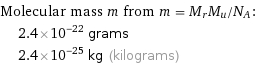 Molecular mass m from m = M_rM_u/N_A:  | 2.4×10^-22 grams  | 2.4×10^-25 kg (kilograms)