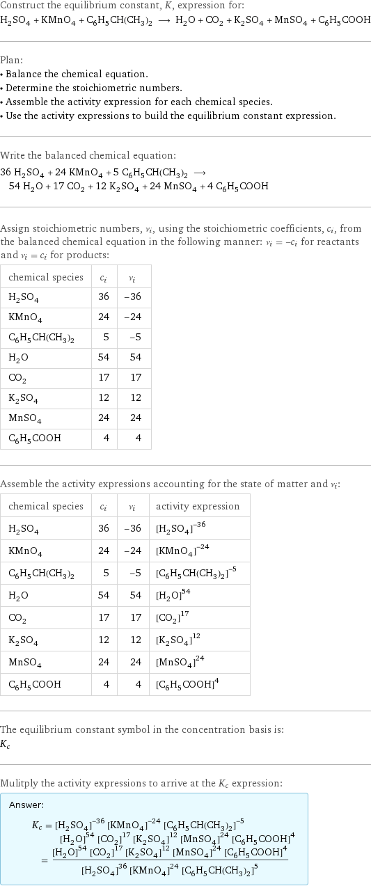 Construct the equilibrium constant, K, expression for: H_2SO_4 + KMnO_4 + C_6H_5CH(CH_3)_2 ⟶ H_2O + CO_2 + K_2SO_4 + MnSO_4 + C_6H_5COOH Plan: • Balance the chemical equation. • Determine the stoichiometric numbers. • Assemble the activity expression for each chemical species. • Use the activity expressions to build the equilibrium constant expression. Write the balanced chemical equation: 36 H_2SO_4 + 24 KMnO_4 + 5 C_6H_5CH(CH_3)_2 ⟶ 54 H_2O + 17 CO_2 + 12 K_2SO_4 + 24 MnSO_4 + 4 C_6H_5COOH Assign stoichiometric numbers, ν_i, using the stoichiometric coefficients, c_i, from the balanced chemical equation in the following manner: ν_i = -c_i for reactants and ν_i = c_i for products: chemical species | c_i | ν_i H_2SO_4 | 36 | -36 KMnO_4 | 24 | -24 C_6H_5CH(CH_3)_2 | 5 | -5 H_2O | 54 | 54 CO_2 | 17 | 17 K_2SO_4 | 12 | 12 MnSO_4 | 24 | 24 C_6H_5COOH | 4 | 4 Assemble the activity expressions accounting for the state of matter and ν_i: chemical species | c_i | ν_i | activity expression H_2SO_4 | 36 | -36 | ([H2SO4])^(-36) KMnO_4 | 24 | -24 | ([KMnO4])^(-24) C_6H_5CH(CH_3)_2 | 5 | -5 | ([C6H5CH(CH3)2])^(-5) H_2O | 54 | 54 | ([H2O])^54 CO_2 | 17 | 17 | ([CO2])^17 K_2SO_4 | 12 | 12 | ([K2SO4])^12 MnSO_4 | 24 | 24 | ([MnSO4])^24 C_6H_5COOH | 4 | 4 | ([C6H5COOH])^4 The equilibrium constant symbol in the concentration basis is: K_c Mulitply the activity expressions to arrive at the K_c expression: Answer: |   | K_c = ([H2SO4])^(-36) ([KMnO4])^(-24) ([C6H5CH(CH3)2])^(-5) ([H2O])^54 ([CO2])^17 ([K2SO4])^12 ([MnSO4])^24 ([C6H5COOH])^4 = (([H2O])^54 ([CO2])^17 ([K2SO4])^12 ([MnSO4])^24 ([C6H5COOH])^4)/(([H2SO4])^36 ([KMnO4])^24 ([C6H5CH(CH3)2])^5)