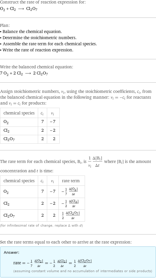 Construct the rate of reaction expression for: O_2 + CI2 ⟶ CI2O7 Plan: • Balance the chemical equation. • Determine the stoichiometric numbers. • Assemble the rate term for each chemical species. • Write the rate of reaction expression. Write the balanced chemical equation: 7 O_2 + 2 CI2 ⟶ 2 CI2O7 Assign stoichiometric numbers, ν_i, using the stoichiometric coefficients, c_i, from the balanced chemical equation in the following manner: ν_i = -c_i for reactants and ν_i = c_i for products: chemical species | c_i | ν_i O_2 | 7 | -7 CI2 | 2 | -2 CI2O7 | 2 | 2 The rate term for each chemical species, B_i, is 1/ν_i(Δ[B_i])/(Δt) where [B_i] is the amount concentration and t is time: chemical species | c_i | ν_i | rate term O_2 | 7 | -7 | -1/7 (Δ[O2])/(Δt) CI2 | 2 | -2 | -1/2 (Δ[CI2])/(Δt) CI2O7 | 2 | 2 | 1/2 (Δ[CI2O7])/(Δt) (for infinitesimal rate of change, replace Δ with d) Set the rate terms equal to each other to arrive at the rate expression: Answer: |   | rate = -1/7 (Δ[O2])/(Δt) = -1/2 (Δ[CI2])/(Δt) = 1/2 (Δ[CI2O7])/(Δt) (assuming constant volume and no accumulation of intermediates or side products)
