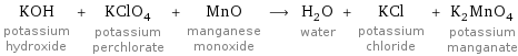 KOH potassium hydroxide + KClO_4 potassium perchlorate + MnO manganese monoxide ⟶ H_2O water + KCl potassium chloride + K_2MnO_4 potassium manganate