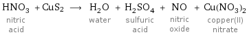 HNO_3 nitric acid + CuS2 ⟶ H_2O water + H_2SO_4 sulfuric acid + NO nitric oxide + Cu(NO_3)_2 copper(II) nitrate