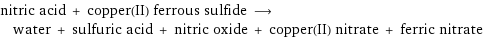 nitric acid + copper(II) ferrous sulfide ⟶ water + sulfuric acid + nitric oxide + copper(II) nitrate + ferric nitrate