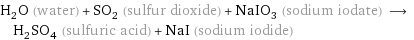 H_2O (water) + SO_2 (sulfur dioxide) + NaIO_3 (sodium iodate) ⟶ H_2SO_4 (sulfuric acid) + NaI (sodium iodide)