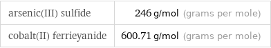 arsenic(III) sulfide | 246 g/mol (grams per mole) cobalt(II) ferrieyanide | 600.71 g/mol (grams per mole)