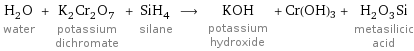 H_2O water + K_2Cr_2O_7 potassium dichromate + SiH_4 silane ⟶ KOH potassium hydroxide + Cr(OH)3 + H_2O_3Si metasilicic acid