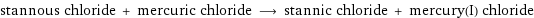 stannous chloride + mercuric chloride ⟶ stannic chloride + mercury(I) chloride