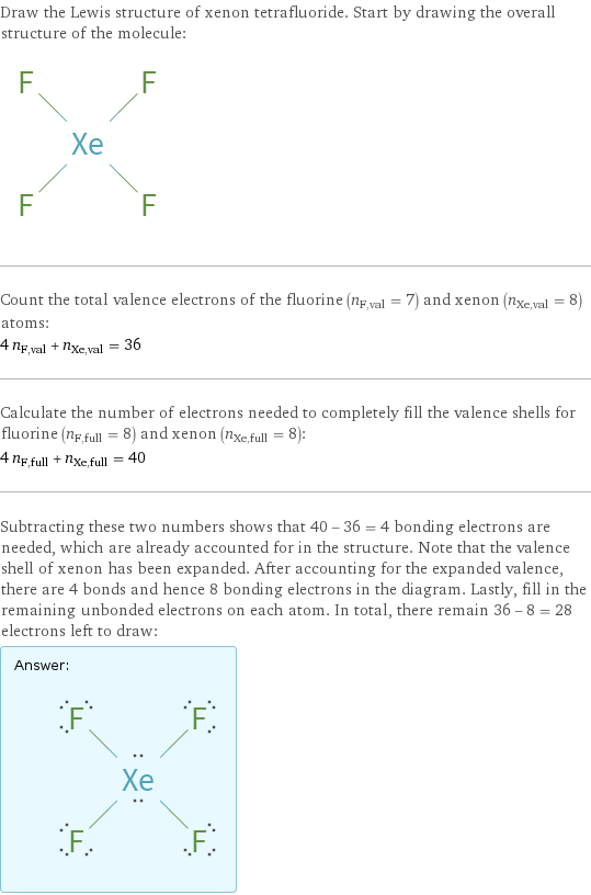 Draw the Lewis structure of xenon tetrafluoride. Start by drawing the overall structure of the molecule:  Count the total valence electrons of the fluorine (n_F, val = 7) and xenon (n_Xe, val = 8) atoms: 4 n_F, val + n_Xe, val = 36 Calculate the number of electrons needed to completely fill the valence shells for fluorine (n_F, full = 8) and xenon (n_Xe, full = 8): 4 n_F, full + n_Xe, full = 40 Subtracting these two numbers shows that 40 - 36 = 4 bonding electrons are needed, which are already accounted for in the structure. Note that the valence shell of xenon has been expanded. After accounting for the expanded valence, there are 4 bonds and hence 8 bonding electrons in the diagram. Lastly, fill in the remaining unbonded electrons on each atom. In total, there remain 36 - 8 = 28 electrons left to draw: Answer: |   | 