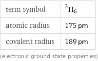 term symbol | ^3H_6 atomic radius | 175 pm covalent radius | 189 pm (electronic ground state properties)