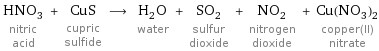 HNO_3 nitric acid + CuS cupric sulfide ⟶ H_2O water + SO_2 sulfur dioxide + NO_2 nitrogen dioxide + Cu(NO_3)_2 copper(II) nitrate