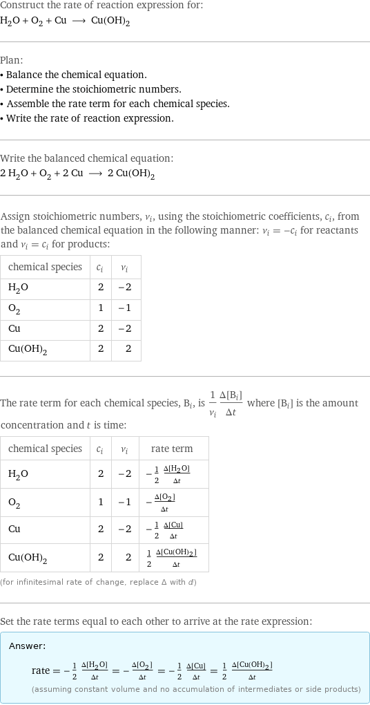 Construct the rate of reaction expression for: H_2O + O_2 + Cu ⟶ Cu(OH)_2 Plan: • Balance the chemical equation. • Determine the stoichiometric numbers. • Assemble the rate term for each chemical species. • Write the rate of reaction expression. Write the balanced chemical equation: 2 H_2O + O_2 + 2 Cu ⟶ 2 Cu(OH)_2 Assign stoichiometric numbers, ν_i, using the stoichiometric coefficients, c_i, from the balanced chemical equation in the following manner: ν_i = -c_i for reactants and ν_i = c_i for products: chemical species | c_i | ν_i H_2O | 2 | -2 O_2 | 1 | -1 Cu | 2 | -2 Cu(OH)_2 | 2 | 2 The rate term for each chemical species, B_i, is 1/ν_i(Δ[B_i])/(Δt) where [B_i] is the amount concentration and t is time: chemical species | c_i | ν_i | rate term H_2O | 2 | -2 | -1/2 (Δ[H2O])/(Δt) O_2 | 1 | -1 | -(Δ[O2])/(Δt) Cu | 2 | -2 | -1/2 (Δ[Cu])/(Δt) Cu(OH)_2 | 2 | 2 | 1/2 (Δ[Cu(OH)2])/(Δt) (for infinitesimal rate of change, replace Δ with d) Set the rate terms equal to each other to arrive at the rate expression: Answer: |   | rate = -1/2 (Δ[H2O])/(Δt) = -(Δ[O2])/(Δt) = -1/2 (Δ[Cu])/(Δt) = 1/2 (Δ[Cu(OH)2])/(Δt) (assuming constant volume and no accumulation of intermediates or side products)