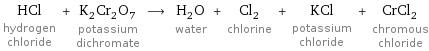 HCl hydrogen chloride + K_2Cr_2O_7 potassium dichromate ⟶ H_2O water + Cl_2 chlorine + KCl potassium chloride + CrCl_2 chromous chloride