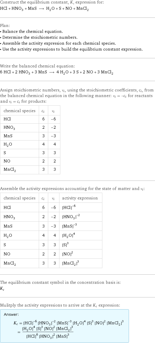 Construct the equilibrium constant, K, expression for: HCl + HNO_3 + MnS ⟶ H_2O + S + NO + MnCl_2 Plan: • Balance the chemical equation. • Determine the stoichiometric numbers. • Assemble the activity expression for each chemical species. • Use the activity expressions to build the equilibrium constant expression. Write the balanced chemical equation: 6 HCl + 2 HNO_3 + 3 MnS ⟶ 4 H_2O + 3 S + 2 NO + 3 MnCl_2 Assign stoichiometric numbers, ν_i, using the stoichiometric coefficients, c_i, from the balanced chemical equation in the following manner: ν_i = -c_i for reactants and ν_i = c_i for products: chemical species | c_i | ν_i HCl | 6 | -6 HNO_3 | 2 | -2 MnS | 3 | -3 H_2O | 4 | 4 S | 3 | 3 NO | 2 | 2 MnCl_2 | 3 | 3 Assemble the activity expressions accounting for the state of matter and ν_i: chemical species | c_i | ν_i | activity expression HCl | 6 | -6 | ([HCl])^(-6) HNO_3 | 2 | -2 | ([HNO3])^(-2) MnS | 3 | -3 | ([MnS])^(-3) H_2O | 4 | 4 | ([H2O])^4 S | 3 | 3 | ([S])^3 NO | 2 | 2 | ([NO])^2 MnCl_2 | 3 | 3 | ([MnCl2])^3 The equilibrium constant symbol in the concentration basis is: K_c Mulitply the activity expressions to arrive at the K_c expression: Answer: |   | K_c = ([HCl])^(-6) ([HNO3])^(-2) ([MnS])^(-3) ([H2O])^4 ([S])^3 ([NO])^2 ([MnCl2])^3 = (([H2O])^4 ([S])^3 ([NO])^2 ([MnCl2])^3)/(([HCl])^6 ([HNO3])^2 ([MnS])^3)