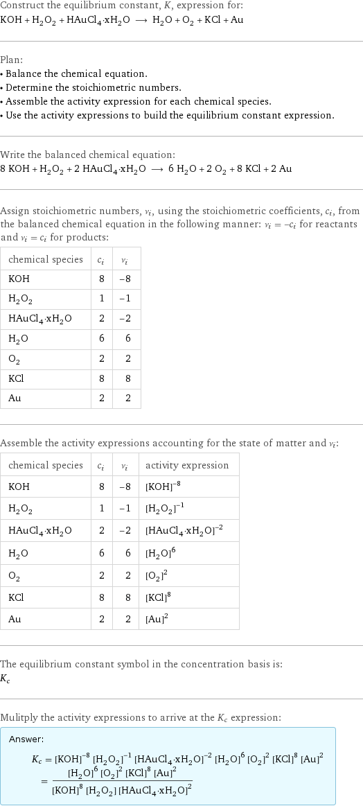 Construct the equilibrium constant, K, expression for: KOH + H_2O_2 + HAuCl_4·xH_2O ⟶ H_2O + O_2 + KCl + Au Plan: • Balance the chemical equation. • Determine the stoichiometric numbers. • Assemble the activity expression for each chemical species. • Use the activity expressions to build the equilibrium constant expression. Write the balanced chemical equation: 8 KOH + H_2O_2 + 2 HAuCl_4·xH_2O ⟶ 6 H_2O + 2 O_2 + 8 KCl + 2 Au Assign stoichiometric numbers, ν_i, using the stoichiometric coefficients, c_i, from the balanced chemical equation in the following manner: ν_i = -c_i for reactants and ν_i = c_i for products: chemical species | c_i | ν_i KOH | 8 | -8 H_2O_2 | 1 | -1 HAuCl_4·xH_2O | 2 | -2 H_2O | 6 | 6 O_2 | 2 | 2 KCl | 8 | 8 Au | 2 | 2 Assemble the activity expressions accounting for the state of matter and ν_i: chemical species | c_i | ν_i | activity expression KOH | 8 | -8 | ([KOH])^(-8) H_2O_2 | 1 | -1 | ([H2O2])^(-1) HAuCl_4·xH_2O | 2 | -2 | ([HAuCl4·xH2O])^(-2) H_2O | 6 | 6 | ([H2O])^6 O_2 | 2 | 2 | ([O2])^2 KCl | 8 | 8 | ([KCl])^8 Au | 2 | 2 | ([Au])^2 The equilibrium constant symbol in the concentration basis is: K_c Mulitply the activity expressions to arrive at the K_c expression: Answer: |   | K_c = ([KOH])^(-8) ([H2O2])^(-1) ([HAuCl4·xH2O])^(-2) ([H2O])^6 ([O2])^2 ([KCl])^8 ([Au])^2 = (([H2O])^6 ([O2])^2 ([KCl])^8 ([Au])^2)/(([KOH])^8 [H2O2] ([HAuCl4·xH2O])^2)