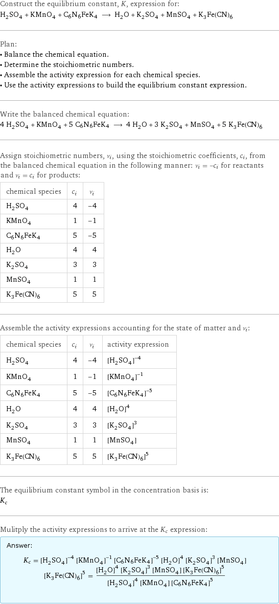 Construct the equilibrium constant, K, expression for: H_2SO_4 + KMnO_4 + C6N6FeK4 ⟶ H_2O + K_2SO_4 + MnSO_4 + K_3Fe(CN)_6 Plan: • Balance the chemical equation. • Determine the stoichiometric numbers. • Assemble the activity expression for each chemical species. • Use the activity expressions to build the equilibrium constant expression. Write the balanced chemical equation: 4 H_2SO_4 + KMnO_4 + 5 C6N6FeK4 ⟶ 4 H_2O + 3 K_2SO_4 + MnSO_4 + 5 K_3Fe(CN)_6 Assign stoichiometric numbers, ν_i, using the stoichiometric coefficients, c_i, from the balanced chemical equation in the following manner: ν_i = -c_i for reactants and ν_i = c_i for products: chemical species | c_i | ν_i H_2SO_4 | 4 | -4 KMnO_4 | 1 | -1 C6N6FeK4 | 5 | -5 H_2O | 4 | 4 K_2SO_4 | 3 | 3 MnSO_4 | 1 | 1 K_3Fe(CN)_6 | 5 | 5 Assemble the activity expressions accounting for the state of matter and ν_i: chemical species | c_i | ν_i | activity expression H_2SO_4 | 4 | -4 | ([H2SO4])^(-4) KMnO_4 | 1 | -1 | ([KMnO4])^(-1) C6N6FeK4 | 5 | -5 | ([C6N6FeK4])^(-5) H_2O | 4 | 4 | ([H2O])^4 K_2SO_4 | 3 | 3 | ([K2SO4])^3 MnSO_4 | 1 | 1 | [MnSO4] K_3Fe(CN)_6 | 5 | 5 | ([K3Fe(CN)6])^5 The equilibrium constant symbol in the concentration basis is: K_c Mulitply the activity expressions to arrive at the K_c expression: Answer: |   | K_c = ([H2SO4])^(-4) ([KMnO4])^(-1) ([C6N6FeK4])^(-5) ([H2O])^4 ([K2SO4])^3 [MnSO4] ([K3Fe(CN)6])^5 = (([H2O])^4 ([K2SO4])^3 [MnSO4] ([K3Fe(CN)6])^5)/(([H2SO4])^4 [KMnO4] ([C6N6FeK4])^5)