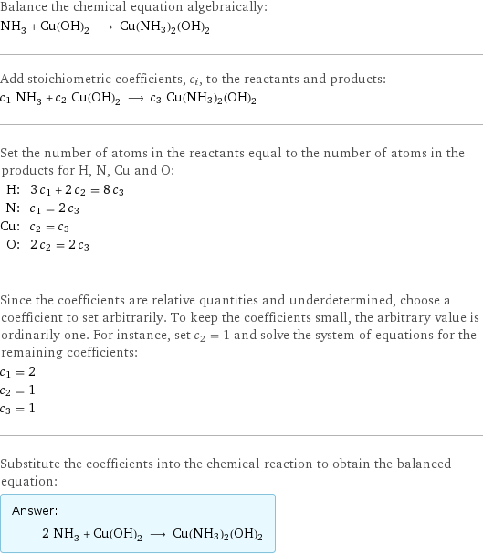 Balance the chemical equation algebraically: NH_3 + Cu(OH)_2 ⟶ Cu(NH3)2(OH)2 Add stoichiometric coefficients, c_i, to the reactants and products: c_1 NH_3 + c_2 Cu(OH)_2 ⟶ c_3 Cu(NH3)2(OH)2 Set the number of atoms in the reactants equal to the number of atoms in the products for H, N, Cu and O: H: | 3 c_1 + 2 c_2 = 8 c_3 N: | c_1 = 2 c_3 Cu: | c_2 = c_3 O: | 2 c_2 = 2 c_3 Since the coefficients are relative quantities and underdetermined, choose a coefficient to set arbitrarily. To keep the coefficients small, the arbitrary value is ordinarily one. For instance, set c_2 = 1 and solve the system of equations for the remaining coefficients: c_1 = 2 c_2 = 1 c_3 = 1 Substitute the coefficients into the chemical reaction to obtain the balanced equation: Answer: |   | 2 NH_3 + Cu(OH)_2 ⟶ Cu(NH3)2(OH)2