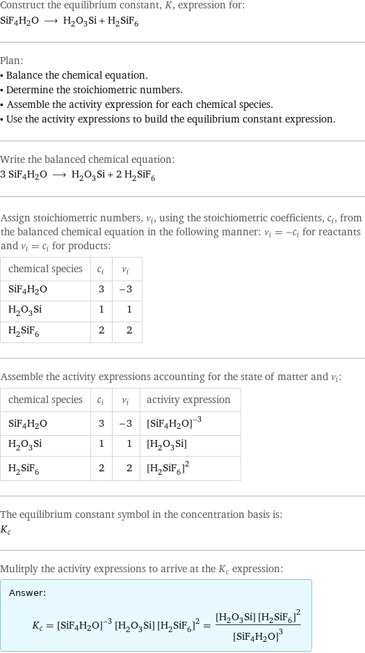 Construct the equilibrium constant, K, expression for: SiF4H2O ⟶ H_2O_3Si + H_2SiF_6 Plan: • Balance the chemical equation. • Determine the stoichiometric numbers. • Assemble the activity expression for each chemical species. • Use the activity expressions to build the equilibrium constant expression. Write the balanced chemical equation: 3 SiF4H2O ⟶ H_2O_3Si + 2 H_2SiF_6 Assign stoichiometric numbers, ν_i, using the stoichiometric coefficients, c_i, from the balanced chemical equation in the following manner: ν_i = -c_i for reactants and ν_i = c_i for products: chemical species | c_i | ν_i SiF4H2O | 3 | -3 H_2O_3Si | 1 | 1 H_2SiF_6 | 2 | 2 Assemble the activity expressions accounting for the state of matter and ν_i: chemical species | c_i | ν_i | activity expression SiF4H2O | 3 | -3 | ([SiF4H2O])^(-3) H_2O_3Si | 1 | 1 | [H2O3Si] H_2SiF_6 | 2 | 2 | ([H2SiF6])^2 The equilibrium constant symbol in the concentration basis is: K_c Mulitply the activity expressions to arrive at the K_c expression: Answer: |   | K_c = ([SiF4H2O])^(-3) [H2O3Si] ([H2SiF6])^2 = ([H2O3Si] ([H2SiF6])^2)/([SiF4H2O])^3