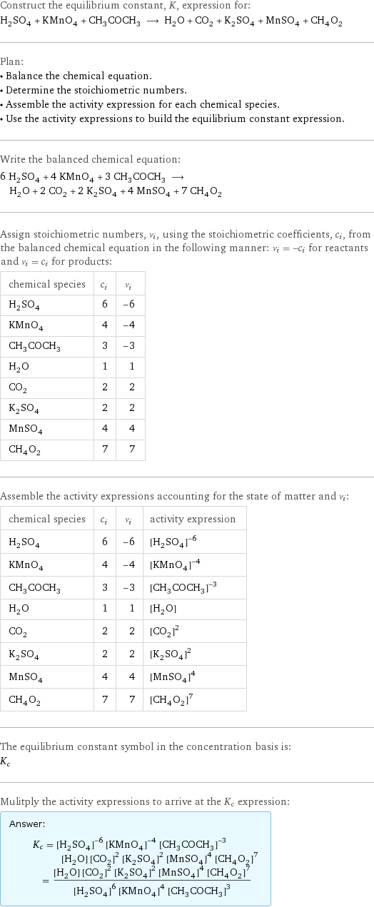 Construct the equilibrium constant, K, expression for: H_2SO_4 + KMnO_4 + CH_3COCH_3 ⟶ H_2O + CO_2 + K_2SO_4 + MnSO_4 + CH_4O_2 Plan: • Balance the chemical equation. • Determine the stoichiometric numbers. • Assemble the activity expression for each chemical species. • Use the activity expressions to build the equilibrium constant expression. Write the balanced chemical equation: 6 H_2SO_4 + 4 KMnO_4 + 3 CH_3COCH_3 ⟶ H_2O + 2 CO_2 + 2 K_2SO_4 + 4 MnSO_4 + 7 CH_4O_2 Assign stoichiometric numbers, ν_i, using the stoichiometric coefficients, c_i, from the balanced chemical equation in the following manner: ν_i = -c_i for reactants and ν_i = c_i for products: chemical species | c_i | ν_i H_2SO_4 | 6 | -6 KMnO_4 | 4 | -4 CH_3COCH_3 | 3 | -3 H_2O | 1 | 1 CO_2 | 2 | 2 K_2SO_4 | 2 | 2 MnSO_4 | 4 | 4 CH_4O_2 | 7 | 7 Assemble the activity expressions accounting for the state of matter and ν_i: chemical species | c_i | ν_i | activity expression H_2SO_4 | 6 | -6 | ([H2SO4])^(-6) KMnO_4 | 4 | -4 | ([KMnO4])^(-4) CH_3COCH_3 | 3 | -3 | ([CH3COCH3])^(-3) H_2O | 1 | 1 | [H2O] CO_2 | 2 | 2 | ([CO2])^2 K_2SO_4 | 2 | 2 | ([K2SO4])^2 MnSO_4 | 4 | 4 | ([MnSO4])^4 CH_4O_2 | 7 | 7 | ([CH4O2])^7 The equilibrium constant symbol in the concentration basis is: K_c Mulitply the activity expressions to arrive at the K_c expression: Answer: |   | K_c = ([H2SO4])^(-6) ([KMnO4])^(-4) ([CH3COCH3])^(-3) [H2O] ([CO2])^2 ([K2SO4])^2 ([MnSO4])^4 ([CH4O2])^7 = ([H2O] ([CO2])^2 ([K2SO4])^2 ([MnSO4])^4 ([CH4O2])^7)/(([H2SO4])^6 ([KMnO4])^4 ([CH3COCH3])^3)