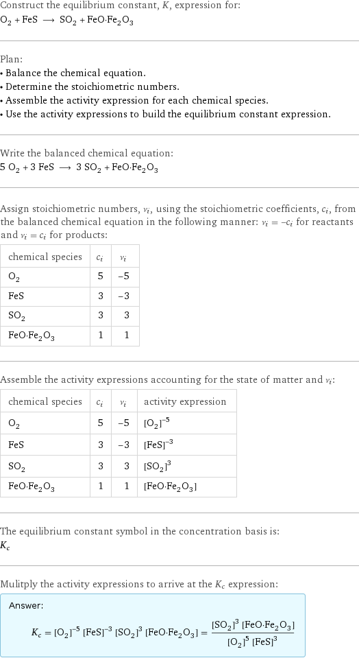 Construct the equilibrium constant, K, expression for: O_2 + FeS ⟶ SO_2 + FeO·Fe_2O_3 Plan: • Balance the chemical equation. • Determine the stoichiometric numbers. • Assemble the activity expression for each chemical species. • Use the activity expressions to build the equilibrium constant expression. Write the balanced chemical equation: 5 O_2 + 3 FeS ⟶ 3 SO_2 + FeO·Fe_2O_3 Assign stoichiometric numbers, ν_i, using the stoichiometric coefficients, c_i, from the balanced chemical equation in the following manner: ν_i = -c_i for reactants and ν_i = c_i for products: chemical species | c_i | ν_i O_2 | 5 | -5 FeS | 3 | -3 SO_2 | 3 | 3 FeO·Fe_2O_3 | 1 | 1 Assemble the activity expressions accounting for the state of matter and ν_i: chemical species | c_i | ν_i | activity expression O_2 | 5 | -5 | ([O2])^(-5) FeS | 3 | -3 | ([FeS])^(-3) SO_2 | 3 | 3 | ([SO2])^3 FeO·Fe_2O_3 | 1 | 1 | [FeO·Fe2O3] The equilibrium constant symbol in the concentration basis is: K_c Mulitply the activity expressions to arrive at the K_c expression: Answer: |   | K_c = ([O2])^(-5) ([FeS])^(-3) ([SO2])^3 [FeO·Fe2O3] = (([SO2])^3 [FeO·Fe2O3])/(([O2])^5 ([FeS])^3)