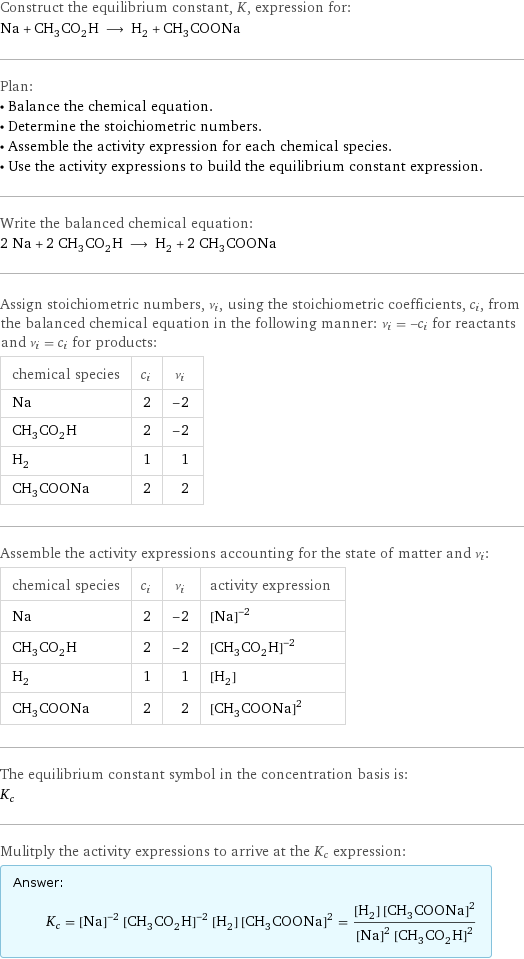 Construct the equilibrium constant, K, expression for: Na + CH_3CO_2H ⟶ H_2 + CH_3COONa Plan: • Balance the chemical equation. • Determine the stoichiometric numbers. • Assemble the activity expression for each chemical species. • Use the activity expressions to build the equilibrium constant expression. Write the balanced chemical equation: 2 Na + 2 CH_3CO_2H ⟶ H_2 + 2 CH_3COONa Assign stoichiometric numbers, ν_i, using the stoichiometric coefficients, c_i, from the balanced chemical equation in the following manner: ν_i = -c_i for reactants and ν_i = c_i for products: chemical species | c_i | ν_i Na | 2 | -2 CH_3CO_2H | 2 | -2 H_2 | 1 | 1 CH_3COONa | 2 | 2 Assemble the activity expressions accounting for the state of matter and ν_i: chemical species | c_i | ν_i | activity expression Na | 2 | -2 | ([Na])^(-2) CH_3CO_2H | 2 | -2 | ([CH3CO2H])^(-2) H_2 | 1 | 1 | [H2] CH_3COONa | 2 | 2 | ([CH3COONa])^2 The equilibrium constant symbol in the concentration basis is: K_c Mulitply the activity expressions to arrive at the K_c expression: Answer: |   | K_c = ([Na])^(-2) ([CH3CO2H])^(-2) [H2] ([CH3COONa])^2 = ([H2] ([CH3COONa])^2)/(([Na])^2 ([CH3CO2H])^2)